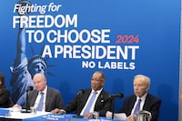 FILE - No Labels leadership and guests from left, Dan Webb, National Co-Chair Dr. Benjamin F. Chavis, and founding Chairman and former Sen. Joe Lieberman, speak about the 2024 election at National Press Club, in Washington, Jan. 18, 2024. The third-party presidential movement No Labels is expected to move this week toward fielding a presidential candidate in the November election. (AP Photo/Jose Luis Magana, File)