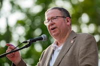U.S. Ambassador to Canada, David L. Cohen, speaks during Independence Day celebrations at Lornado, the official residence of the U.S. Ambassador to Canada in Ottawa, on Tuesday, July 4, 2023. THE CANADIAN PRESS/Spencer Colby