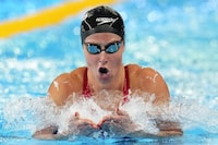 Sydney Pickrem of Canada competes in the Women's 200m Individual Medley Final at the World Aquatics Championships in Doha, Qatar, Monday, Feb. 12, 2024. (AP Photo/Hassan Ammar)