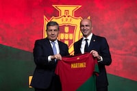 President of the Portuguese Football Federation Fernando Soares Gomes da Silva (L) and Portugal's new head coach, Spanish Roberto Martinez pose for a photograph after a press conference upon his official presentation at the Cidade do Futebol in Oeiras, on January 9, 2023. - Spanish Roberto Martinez was previously coach of the Belgium national football team. (Photo by CARLOS COSTA / AFP) (Photo by CARLOS COSTA/AFP via Getty Images)