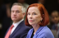 CBC Chief Transformation Officer and Executive Vice-President Marco Dube and CBC President and Chief Executive Officer Catherine Tait wait to appear at the Heritage Committee in Ottawa on Tuesday, May 7, 2024. THE CANADIAN PRESS/ Patrick Doyle