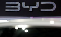 The logo of BYD on display at the Everything Electric exhibition at the ExCeL London international exhibition and convention centre in London, Britain, March 28, 2024.  REUTERS/Peter Cziborra