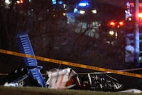 Debris from a fatal small plane crash is seen alongside Interstate 40 near mile marker 202 on Monday, March 4, 2024, in Nashville, Tenn. The Transportation Safety Board of Canada says it's working to determine the identities of five Canadians killed in a plane crash near Nashville. THE CANADIAN PRESS/AP, George Walker IV