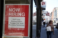 SAN FRANCISCO, CALIFORNIA - JUNE 07: A now hiring sign is posted in the window of a Walgreens store on June 07, 2019 in San Francisco, California. According to a report by the U.S. Labor Department, The U.S. economy added 75,000 jobs in May compared to the 224,000 jobs that were added in April. The unemployment rate remained at 3.6 percent, a five decade low.(Photo by Justin Sullivan/Getty Images)