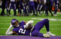 MINNEAPOLIS, MINNESOTA - OCTOBER 23: Camryn Bynum #24 of the Minnesota Vikings celebrates his game ending interception against the San Francisco 49ers at U.S. Bank Stadium on October 23, 2023 in Minneapolis, Minnesota. (Photo by Stephen Maturen/Getty Images)