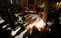 Family and friends of three murdered women gather at a vigil in Winnipeg, Thursday, December 1, 2022. It was announced that Jeremy Skibicki faces three more charges of first-degree murder. In addition to Rebecca Contois, who was identified earlier, Skibicki has been charged in the deaths of Morgan Beatrice Harris, Marcedes Myran, and an unidentified woman whom Indigenous leaders have dubbed Buffalo Woman. THE CANADIAN PRESS/John Woods