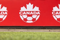 Canada's under-17 men's team will play South American champion Brazil in a pair of friendlies as part of its preparation for the FIFA U-17 World Cup in Indonesia later this year, A Soccer Canada logo is displayed on the sideline at Tim Hortons Field in Hamilton, Tuesday, May 9, 2023. THE CANADIAN PRESS/Nick Iwanyshyn