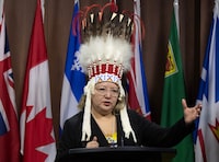 National Chief of the Assembly of First Nations Cindy Woodhouse Nepinak speaks about the federal budget during a news conference on Parliament Hill, Wednesday, April 17, 2024 in Ottawa.  THE CANADIAN PRESS/Adrian Wyld