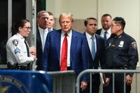 Former President Donald Trump, center, returns for a pre-trial hearing after a recess at Manhattan criminal court, Monday, March 25, 2024, in New York.  A judge will weigh on Monday when the former president will go on trial. (AP Photo/Mary Altaffer, Pool)