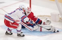 New York Rangers' Chris Kreider is stopped by Montreal Canadiens goaltender Jake Allen during third period NHL hockey action in Montreal, Thursday, January 5, 2023. THE CANADIAN PRESS/Graham Hughes
