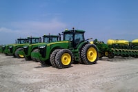 FILE PHOTO: Deere & Co planters are seen at Spirit Farms in Sheridan, Illinois, about 65 miles southwest of Chicago, in this picture taken May 2, 2013.  REUTERS/Tom Polansek/File Photo