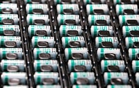 FILE PHOTO: Lithium-ion batteries are pictured at the production site of Saft Groupe, battery specialists, in Poitiers, France, October 5, 2017. REUTERS/Regis Duvignau
