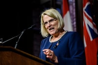 Ontario Health Minister Sylvia Jones speaks with media at Queen’s Park in Toronto, on Wednesday, September 14, 2022. Jones says the province is taking steps to ease the administrative burden on doctors.THE CANADIAN PRESS/Christopher Katsarov