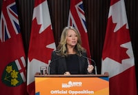 Marit Stiles, incoming leader of the Ontario NDP, provides new information related to the integrity commissioner’s Greenbelt investigation during a press conference at Queen’s Park in Toronto, on Wednesday, February 1, 2023. THE CANADIAN PRESS/Nathan Denette
