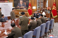 North Korean leader Kim Jong Un attends the 7th enlarged meeting of the 8th Central Military Commission of the Workers' Party of Korea at the headquarters building of the Central Committee of the Workers' Party of Korea in Pyongyang, North Korea, August 9, 2023.    KCNA via REUTERS