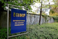 FILE PHOTO: The logo of the International Ice Hockey Federation (IIHF) is seen in front of its seat in Zurich, Switzerland April 26, 2016. REUTERS/Arnd Wiegmann/File Photo