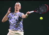 INDIAN WELLS, CALIFORNIA - MARCH 10: Denis Shapovalov of Canada hits a forehand in his straight set loss to Ugo Humbert of France during the BNP Parisbas at the Indian Wells Tennis Garden on March 10, 2023 in Indian Wells, California. (Photo by Harry How/Getty Images)