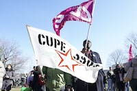 The union representing striking academic workers at York University has reached a tentative deal with the institution. Academic workers from York University walk a picket line on the school’s campus in Toronto on Monday, Feb 26, 2024. THE CANADIAN PRESS/Arlyn McAdorey