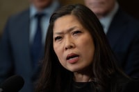Export Promotion, International Trade and Economic Development Minister Mary Ng speaks about a free trade agreement with Ukraine after it passed third reading in the House of Commons, Tuesday, February 6, 2024 in Ottawa.  THE CANADIAN PRESS/Adrian Wyld