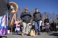 Mi'kmaq elver fishers Kevin Hartling, left, and Blaise Sylliboy, who were arrested over the weekend, stand while having the Strong Woman song sung by members of the community while protesting outside of the Bedford Institute of Oceanography in Halifax on Tuesday, April 2, 2024.

Darren Calabrese/The Globe and Mail