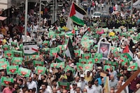 Jordanians shout anti Israel slogans during a protest for Gaza that took place after Friday prayers near Al- Husseini mosque in downtown Amman, Jordan, April 26, 2024. Salah Malkawi/The Globe and Mail