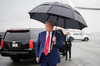 Former President Donald Trump arrives to give a short statement to reporters at Reagan National Airport after his arraignment in federal court in Washington on Thursday, Aug. 3, 2023. Trump pleaded not guilty to charges stemming from his attempt to overturn the results of the 2020 election. (Doug Mills/The New York Times)
