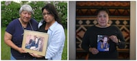 In this composite image made from two photographs, Rebecca Julian, left, Anna Mae Pictou Aquash's eldest sister, and Aquash's eldest daughter, Denise Maloney, hold a portrait of Aquash in Shubenacadie, N.S., on June 20, 2003; At right, Naneek Graham holds a photograph of her father John Graham, who is incarcerated in the South Dakota State Penitentiary after being extradited to the U.S. in 2007 and convicted three years later in the 1975 murder of Pictou Aquash, while posing for a portrait at her home in Vancouver, B.C., Tuesday, Feb. 27, 2024. THE CANADIAN PRESS/Carson Walker, Darryl Dyck