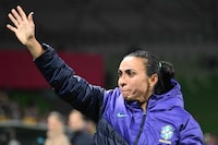Brazil's forward #10 Marta waves after the Australia and New Zealand 2023 Women's World Cup Group F football match between Jamaica and Brazil at Melbourne Rectangular Stadium, also known as AAMI Park, in Melbourne on August 2, 2023. (Photo by WILLIAM WEST / AFP) (Photo by WILLIAM WEST/AFP via Getty Images)