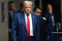 Former US President Donald Trump walks toward the press to speak before departing for the day at his trial for allegedly covering up hush money payments linked to extramarital affairs, at Manhattan Criminal Court in New York City, on May 6, 2024. Trump, 77, is accused of falsifying business records to reimburse his lawyer, Michael Cohen, for a $130,000 hush money payment made to porn star Stormy Daniels just days ahead of the 2016 election against Hillary Clinton. (Photo by Win McNamee / POOL / AFP) (Photo by WIN MCNAMEE/POOL/AFP via Getty Images)