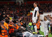 Soccer Football - Europa League - Quarter Final - First Leg - Liverpool v Atalanta - Anfield, Liverpool, Britain - April 11, 2024 Atalanta's Mario Pasalic celebrates scoring their third goal Action Images via Reuters/Lee Smith     TPX IMAGES OF THE DAY