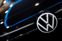 A Volkswagen logo is seen on a Volkswagen ID.5 electric car on display at a showroom of a car dealer in Reze near Nantes, France, November 13, 2023. REUTERS/Stephane Mahe