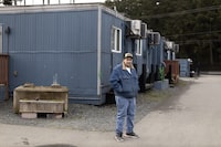 Steve Davidson is photographed outside the building where his suite is located at the Nikao temporary modular complex in Nanaimo, British Columbia, Friday, April 21, 2023. Rafal Gerszak/The Globe and Mail 