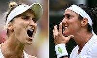 (COMBO) This combination of pictures created on July 14, 2023 shows
Czech Republic's Marketa Vondrousova (L) and Tunisia's Ons Jabeur reacting during a match of the 2023 Wimbledon Championships at The All England Lawn Tennis Club in Wimbledon, southwest London.. Czech Republic's Marketa Vondrousova wil face Tunisia's Ons Jabeur during their women's singles final match on July 15, 2023. (Photo by SEBASTIEN BOZON / AFP) / RESTRICTED TO EDITORIAL USE (Photo by SEBASTIEN BOZON/AFP via Getty Images)