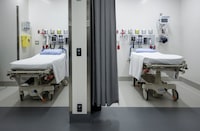 Researchers say First Nations patients are more likely to leave Alberta emergency departments before receiving care than non-Indigenous patients. Treatment rooms in the emergency department at Peter Lougheed hospital are pictured in, Calgary, Alta., Tuesday, Aug. 22, 2023. THE CANADIAN PRESS/Jeff McIntosh