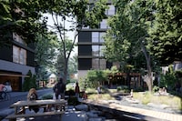 Rendering of Tower House, an entry in the architecture competition by the Vancouver-based non-profit group Urbanarium. This view shows the interior courtyard with the buildings beyond. One of the winning entries, Tower House, by the New York firm Studio Oh Song, featured seductive outdoor courtyards with picnic tables and play areas, all accessible to the general public.