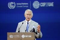 DUBAI, UNITED ARAB EMIRATES - DECEMBER 01: King Charles III delivers an address at the opening ceremony of the World Climate Action Summit during COP28 on December 01, 2023 in Dubai, United Arab Emirates. The King is visiting Dubai to attend COP28 UAE, the United Nation's Climate Change Conference.  (Photo by Chris Jackson/Getty Images)