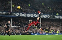 LIVERPOOL, ENGLAND - NOVEMBER 26: Alejandro Garnacho of Manchester United scores the team's first goal the Premier League match between Everton FC and Manchester United at Goodison Park on November 26, 2023 in Liverpool, England. (Photo by Shaun Botterill/Getty Images) *BESTPIX*