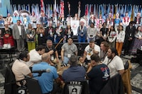 The Eastern Eagles Mi'kmaq drumming group performs at the beginning of the Assembly of First Nations annual general assembly in Halifax on Tuesday, July 11, 2023. The six candidates vying to be the next national chief of the organization that represents more than 600 First Nations in Canada explained how they would advocate for treaty rights, sovereignty and health issues during a forum a week before the election. THE CANADIAN PRESS/Darren Calabrese