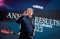 Adidas CEO Bjørn Gulden speaks during the company's annual press conference, in Herzogenaurach, Germany, Wednesday, March 13, 2024.  (Daniel Karmann/dpa via AP)