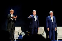 U.S. President Joe Biden, former U.S. Presidents Barack Obama and Bill Clinton participate in a discussion moderated by Stephen Colbert, host of CBS's "The Late Show with Stephen Colbert", during a campaign fundraising event at Radio City Music Hall in New York, U.S., March 28, 2024. REUTERS/Elizabeth Frantz     TPX IMAGES OF THE DAY