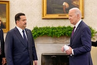 U.S. President Joe Biden meets with Iraqi Prime Minister Mohammed Shia al-Sudani at the White House in Washington, U.S., April 15, 2024. Iraqi Prime Minister Media Office/Handout via REUTERS    THIS IMAGE HAS BEEN SUPPLIED BY A THIRD PARTY