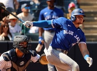 Feb 25, 2024; Tampa, Florida, USA;  Toronto Blue Jays outfielder Addison Barger (47) singles during the fourth inning against the New York Yankees at George M. Steinbrenner Field. Mandatory Credit: Kim Klement Neitzel-USA TODAY Sports