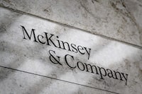 This photograph taken on April 12, 2022, shows a sign of US-based McKinsey & Company management consulting firm in Geneva. (Photo by Fabrice COFFRINI / AFP) (Photo by FABRICE COFFRINI/AFP via Getty Images)