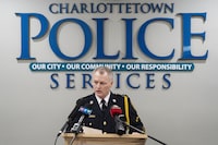 Charlottetown Police Services Chief Brad MacConnell speaks during a press conference in Charlottetown, Friday, Jan. 26, 2024, regarding significant developments in the case of the 1988 unsolved homicide of Byron Carr. THE CANADIAN PRESS/Darren Calabrese