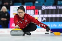 Canada's Kerri Einarson defeated American Tabitha Peterson 7-4 on Thursday to remain unbeaten at the Grand Slam of Curling's Co-op Canadian Open. Einarson delivers a rock while playing Manitoba during the final at the Scotties Tournament of Hearts, in Kamloops, B.C., on Sunday, February 26, 2023. THE CANADIAN PRESS/Darryl Dyck