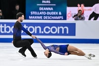 MONTREAL, CANADA - MARCH 20:  Deanna Stellato-Dudek and Maxime Deschamps of Canada compete in the Pairs Short Program during the ISU World Figure Skating Championships at the Bell Centre on March 20, 2024 in Montreal, Quebec, Canada.  (Photo by Minas Panagiotakis/Getty Images)