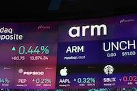 Arm Holdings CEO listing is seen displayed on a screen at the Nasdaq MarketSite on September 14, 2023 in New York City.