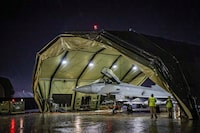 AKROTIRI, CYPRUS - JANUARY 22: In this handout image provided by the UK Ministry of Defence, a Royal Air Force Typhoon FGR4 is prepared for take off to carry out air strikes against Houthi military targets in Yemen at RAF Akrotiri on January 22, 2024 in Akrotiri, Cyprus. On 22 January, the UK conducted further strikes against Houthi targets, following the initial operation on January 11 to protect global shipping in the region. Four Royal Air Force Typhoon FGR4s, supported by a pair of Voyager tankers, joined U.S. forces in a deliberate strike against Houthi sites in Yemen. (Photo by MoD Crown Copyright via Getty Images)