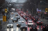 Rush hour traffic (R) heading south on Jarvis St. towards the Gardiner Expressway, is photographed on Jan 17, 2023. Fred Lum/The Globe and Mail. 