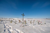 A memorial on the roadside where the deadly Humboldt Broncos bus crash took place is shown on Highway 35 near Armley, Sask., on Saturday, March 18, 2023. The city of Humboldt, Sask., along with members of the Broncos families, have organized a tribute service for people who wish to pay their respects for those who died in the crash five years ago. THE CANADIAN PRESS/Liam Richards